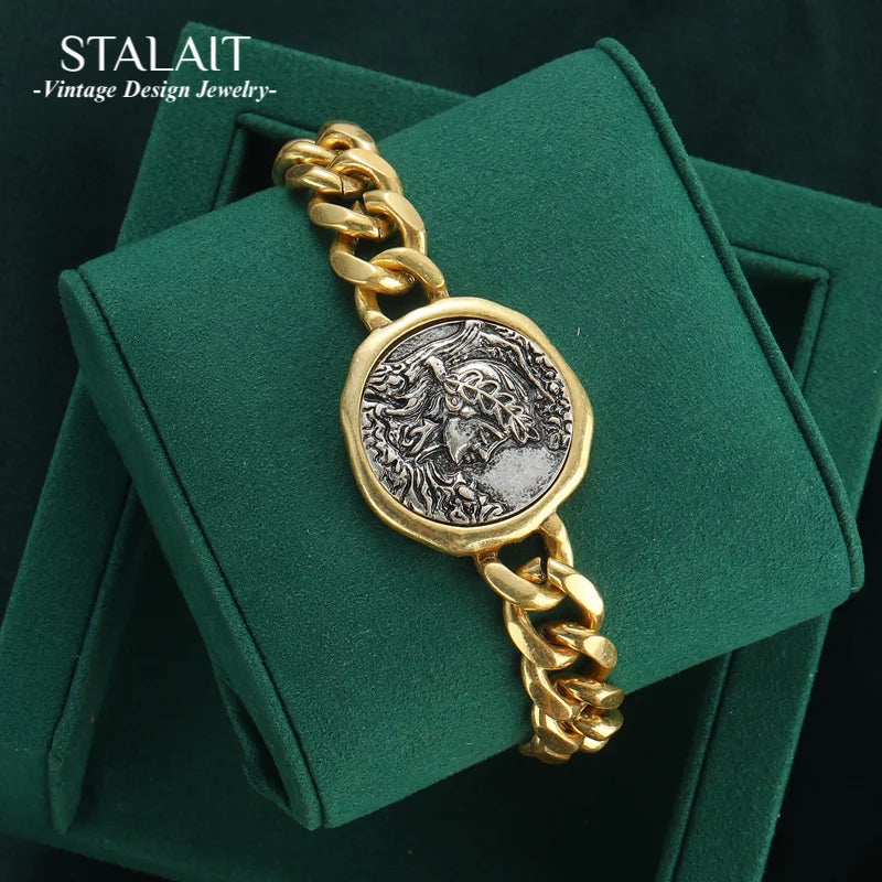 Vintage Copper Beauty Portrait Ancient Round Coin Wide Chain Bracelets for Women Simple Couple Jewelry Wrist Accessories