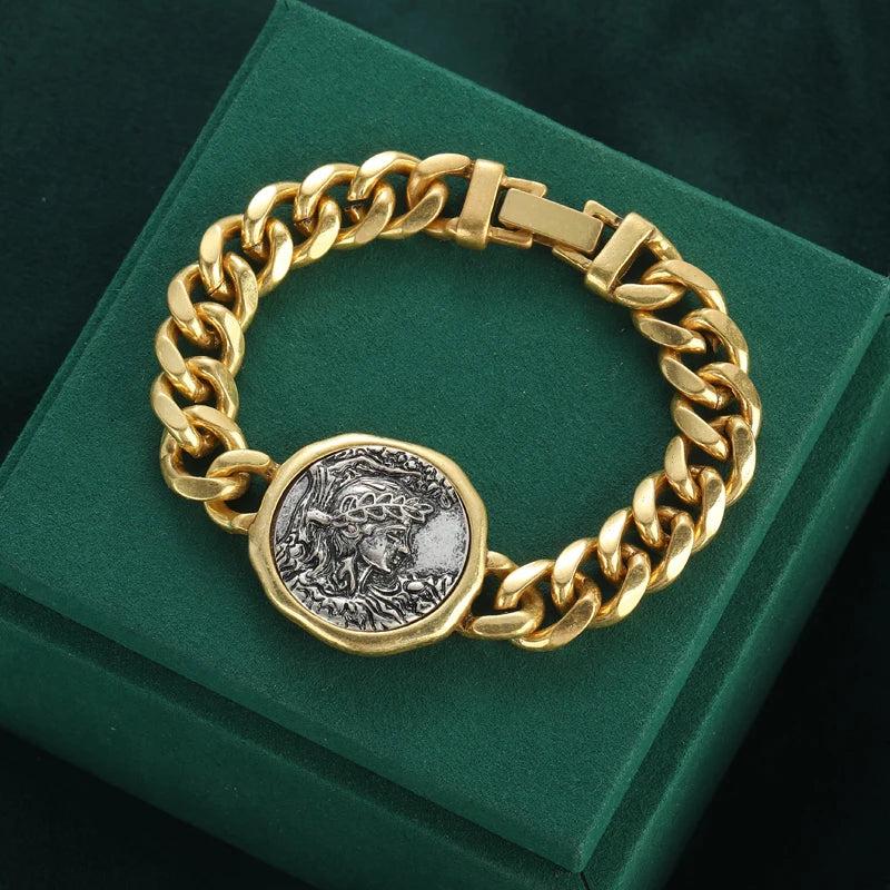 Vintage Copper Beauty Portrait Ancient Round Coin Wide Chain Bracelets for Women Simple Couple Jewelry Wrist Accessories